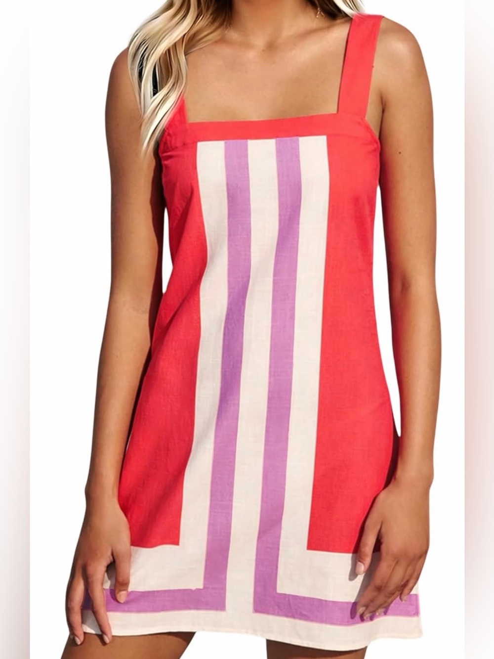 Striped Colorblock Mini Shift Dress with Pockets - Red Pink White size small 4-6